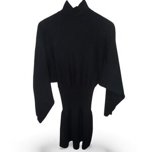 Zara Black Ribbed Turtleneck Gothic Zipper Long Sleeve Mini Sweater Dress